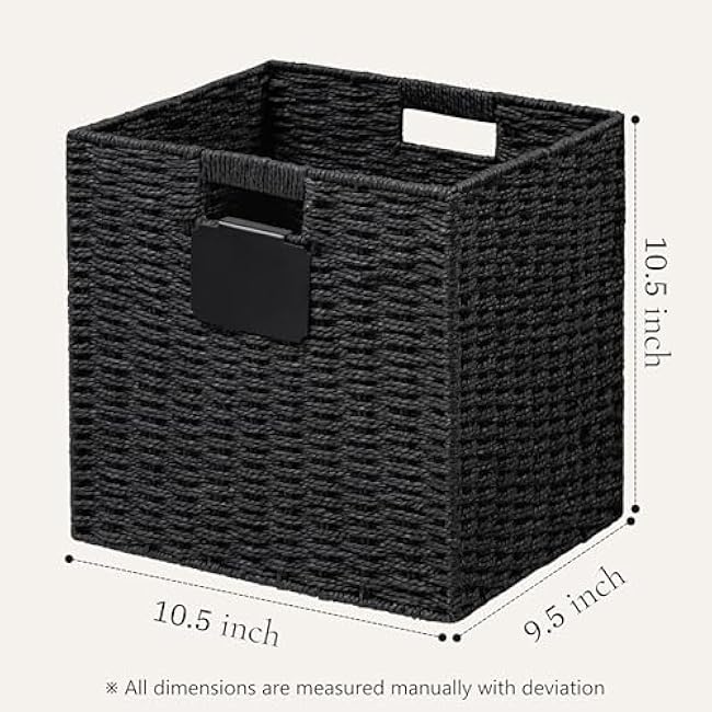 UBBCARE 2 Pack Wicker Basket, 10.5¡Á10.5 Storage Cubes with Label, Foldable Cube Storage Bin with Handle, Square Storage Basket for Shelves, Woven Paper Rope Basket for Organizing, Black