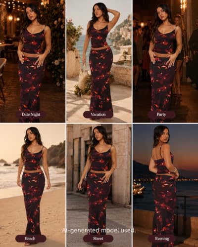 Image of Two Piece Skirt Set Women Maxi Long Skirt and Top Outfit | Soft stretchy 5 pc, slim bodycon, adjustable spaghetti straps, ruched crop tank, elastic waist, going out, beach vacation