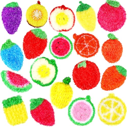 Image of 20 Pieces Fruit Dish Scrubber Colorful Reusable Kitchen Fruit Shaped Dish Scrubbers for Family Washing Pots and Dishes Bathtub Sink