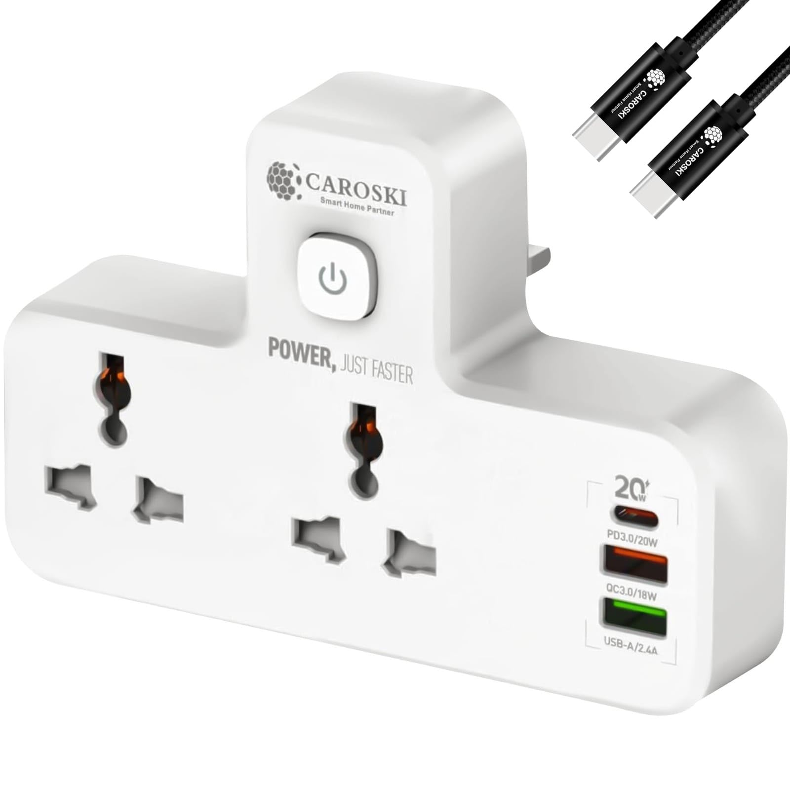 Power Wall Multi plug Extension Socket | 20W USB-C PD Quick Charge Port | 2 USB-A 1 QC 3.0 18W and 2.4 A | 2 Universal Outlets Wall Adaptor | UK 3-Pin plug with light for Home |Office