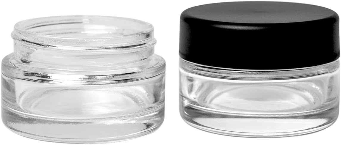 1oz Glass Jars with Lids (90 Count), Child-Resistant, Airtight, & Round Shape 1 Ounce Glass Jars with Lids for Herbs, Spices, and Cosmetics - Multipurposes Clear Glass 1oz Jar with Matte Black Lid
