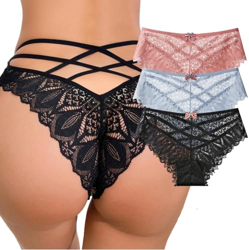 Image of Womens Sexy Thongs Lace Panties Underwear Low Rise Plus Size Underpants Pack of 1-3