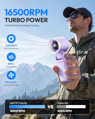Image of Gaiatop Portable Handheld Turbo Fan, 15 Hrs Cooling, 180 Foldable 4-in-1 Hand Held Fans, 6-Speed (1-100) Personal Mini Handheld Fans, Small Portable Fan for Travel Working Outdoor, Women Gifts Purple