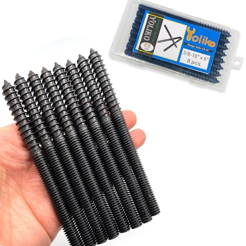 Image of 8 Pack 3 /8-16 x 5 Inch Black Hanger Bolts 3 /8-16 inch Double Headed Bolts 3 /8 Wood Dowel Screw Self-Tapping Screw Hanger Bolts for Furniture Screws Double Screw Threaded Rods Bolt 127mm Length