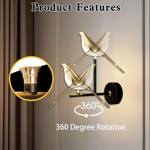 Image of Bird Wall Sconces Modern Art Deco Wall Mount Lamps for Living Room Bedroom Stairway Corridor, Swinging Bird Wall Lamp, Metal and Acrylic Wall Light Fixtures, 3 Color Temperature (2 Light)
