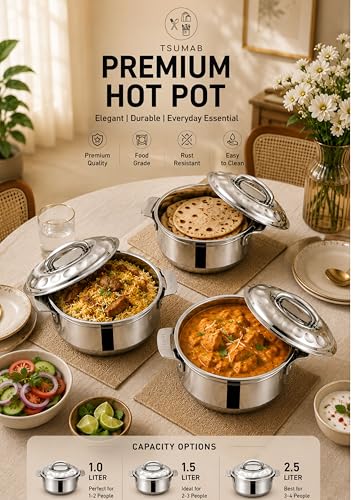Image of Premium Stainless Steel Hot Pot Set of 3 with Lid Handle | Insulated Casserole Set for Roti, Rice, Curry & Biryani | 1L + 1.5L + 2.5L
