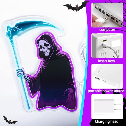 Image of Grim Reaper Neon Sign with Scythe, Dimmable LED Skeleton Neon Light for Wall Decor, Gothic Room, Man Cave, Bar, Game Room Decor Gifts