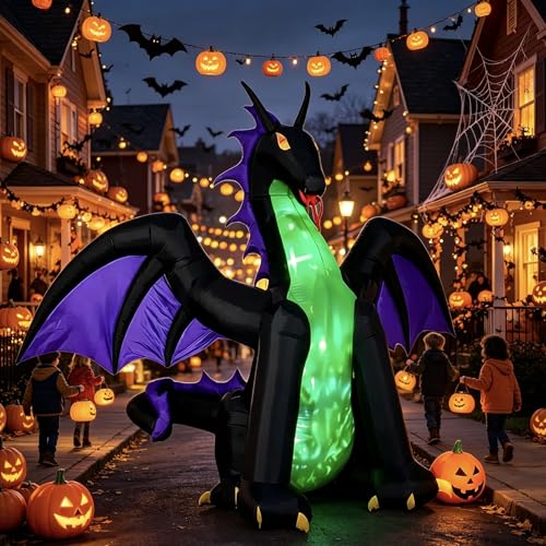 RHFJAKA 8FT Inflatable Dragon with Pumpkin and Ghost Fire-Breathing Dragon with Flashing Red Eyes Christmas Inflatables Built-in LEDs Christmas Blow Ups for Garden Yard and Lawn