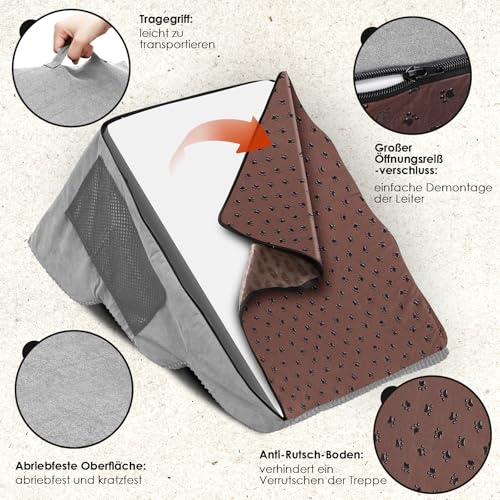 Thihome Hundetreppe für Kleine Hunde 3-Stufig, rutschfeste Haustiertreppe 40cm Hoch, Tragbar Hunderampe für Bett und Sofa, Treppe für Hunde mit Waschbarem Bezug und Rutschfestem Boden, Grau
