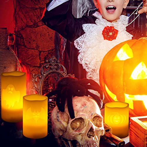 Image of CANDLE CHOICE Orange Halloween Flameless Candles with Remote Timer Real Wax Realistic Flickering Battery Operated Electric LED Pillars Pumpkin Bat Ghost Patterns for Halloween Party Decorations 3 Pack