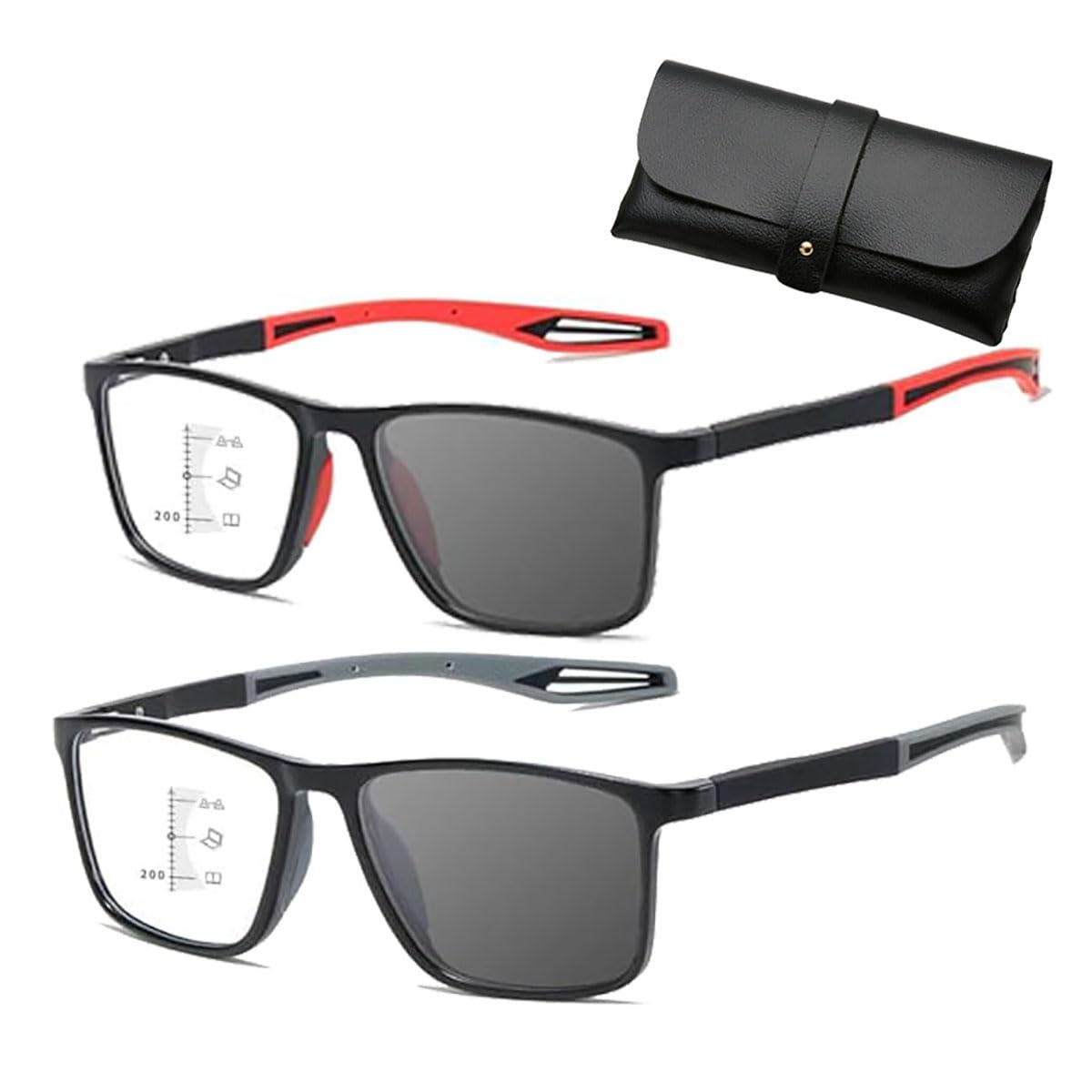 Autofokus Presbyopie Brille Mit Selbsteinstellung Nah Und Fern, Intelligente Brille Die Sich Automatisch Der Sehstärke Anpasst, Multifokale Brille Gleitsichtbrille Damen Herren (Grau+Rot,2.0x)