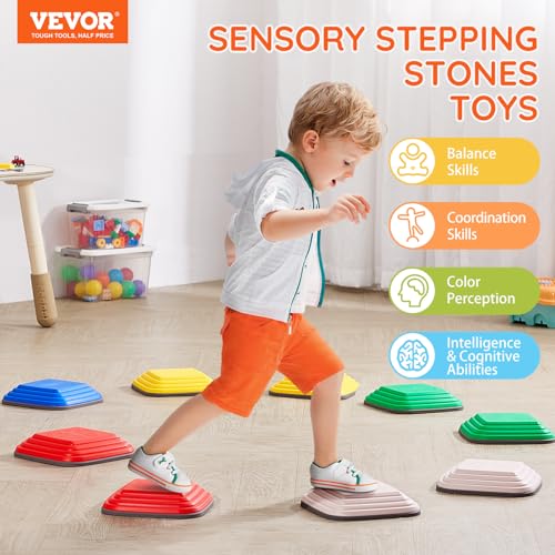 Image of VEVOR Balance Stepping Stones for Kids, 10 PCS, Up to 220 lbs, Non-Slip Toddlers Sensory Stepping Stones, Obstacle Course Coordination Game Toys Indoor or Outdoor Play for Children Aged 3 4 5 6 7 8+