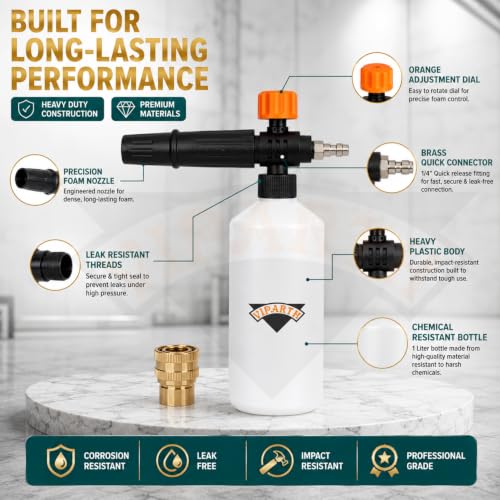 Image of Brass 1 Liter Bottle Professional Adjustable Snow Foam Lance /Cannon With 1 /4 inch Quick Release Connector | For High Pressure Washer | 1 Microfiber Cloth | Orange