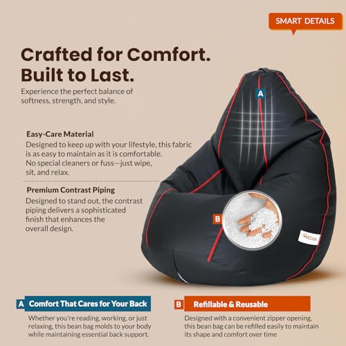 Image of Sattva Classic Piping XXXL Bean Bag with Pocket Filled with Beans | Faux Leather Teardrop Bean Bag for Adults & Teens | Pre-Filled Comfortable Seating for Home, Living Room - Black with Red Piping
