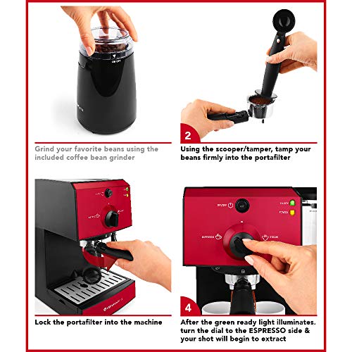 All In One Barista Bundle Set, 7 Piece Espresso Machine, Cappuccino Maker, Professional Coffee And Latte Machine With Milk Frother And Small Espresso Grinder, 1350W, (Red) #TOP5