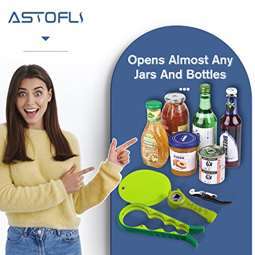 Astofli Multi Bottle Opener For Arthritic Hands With Corkscrew Wine Opener, Easy Twist Jar Opener For Weak Hands With Rubber Jar Opener Gripper Pad, Adjustable Jar Opener For Seniors With Arthritis #TOP1