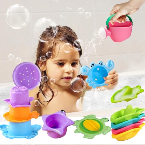 Vlecexs 10 Stück Baby Badespielzeug Badewannenspielzeug Wasserspielzeug Kinder ab 1 2 3 4 Jahre Jungen Mädchen Pool Strand Spielzeug Babys Kleinkinder Schwimmbad Schimmelfreies Spielzeug Stapelbecher