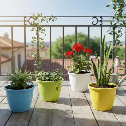 Image of Go Hooked Sunshine Flower Pot /Planters for Home Decor, Plastic Pots for Gardening /Home, Flower Pots Indoor-Outdoor & Planter for Plants (Multicolor) (Pack of 4)
