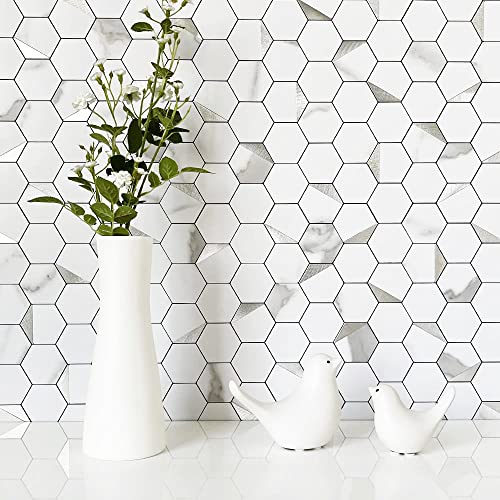 Dicofun 10-Sheet Hexagon Tile Peel And Stick Backsplash, White Marble Look Pvc Mixed Silver Metal Mosaic Tiles For Kitchen And Bathroom #TOP1