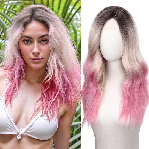 FAVE Blonde Pink Wig Natural Wavy Wigs Light Pink Wigs for Women Middle Part Pink Blonde Wig 22 Inch Synthetic Wigs for White Women Blonde Pink 22