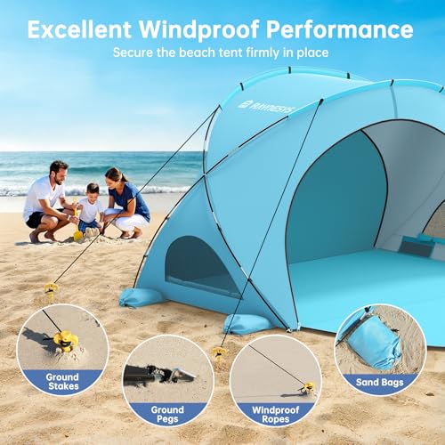 Image of Raynesys Beach Tent Sun Shelter, Beach Shade Tent with UPF50+ UV Protection, Sun Shelter for 1-3 Person, Beaches Shade with 2 Zippered Doors, Portable Tents for Camping Fishing, Light Blue
