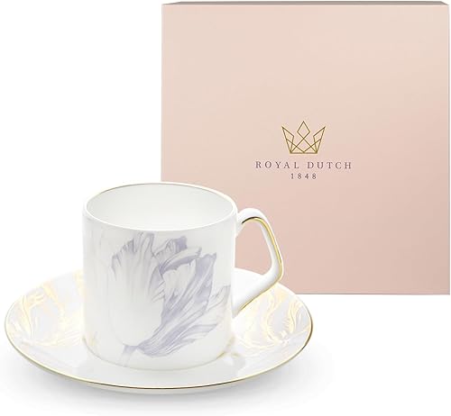 Royal Dutch Fine Bone - Taza y platillo de café de porcelana fina, taza de café de 6.8 onzas líquidas, juego de tazas de té de lujo con patrones de