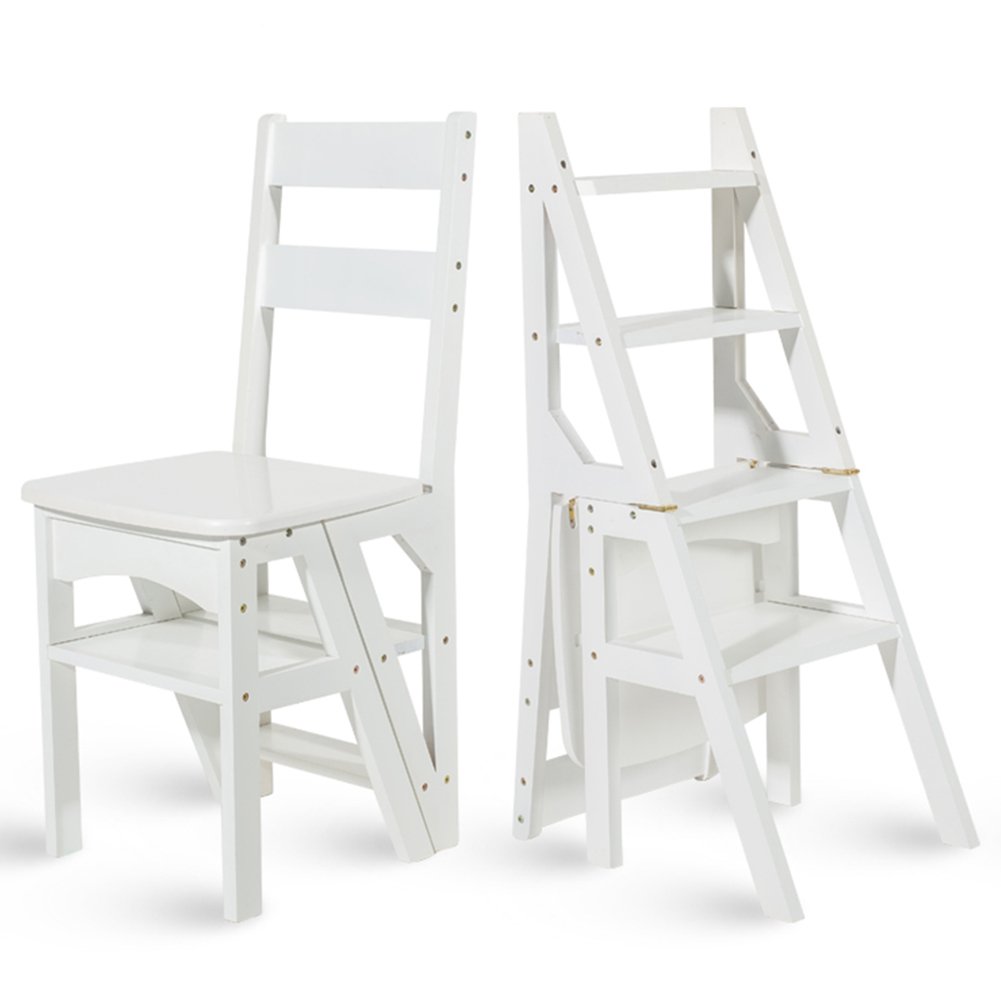Taburete de escalera en bambú natural color blanco con respaldo elegante y 4 peldaños