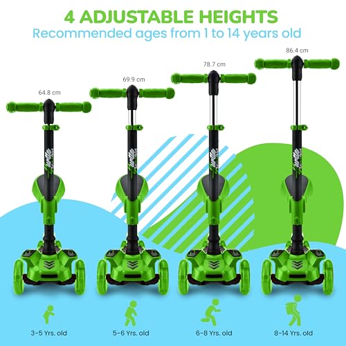 Image of Hurtle 3-Wheeled Scooter for Kids - Wheel LED Lights, Adjustable Lean-to-Steer Handlebar, and Foldable Seat - Sit or Stand Ride with Brake for Boys and Girls Ages 1-14 Years Old