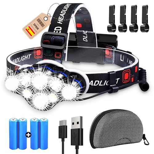 Alfa42 Linterna Frontal LED Recargable, Alta Potencia,18000 Lúmens 8 Modos 8 LED,IP45 Impermeable Luz Roja De Advertencia, Correr,Camping,Excursión,Pesca