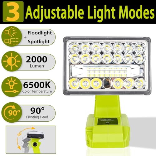 Image of 28W 2000LM Cordless LED Work Light for Ryobi One 18V Battery Portable Flood Lights for Outdoor Indoor Workshop Job Site, Floodlight & Spotlight Modes /Pivoting Head /USB Port(No Battery)