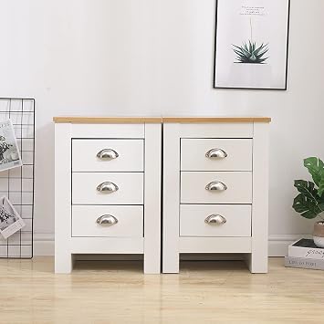 Homemade Design Bedroom Pair of 2 Wooden Bedside Table Nightstand with 3 Drawers Storage Unit for Bedroom White and Oak