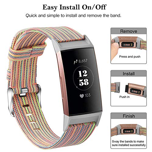 Hooroor Woven Fabric Breathable Replacement Bands Compatible For Fitbit Charge 4 Bands And Charge 3 Se Fitness Activity Tracker, Soft Accessory Sports Band Wristbands Strap Women Men (Rainbow, Large) #TOP1