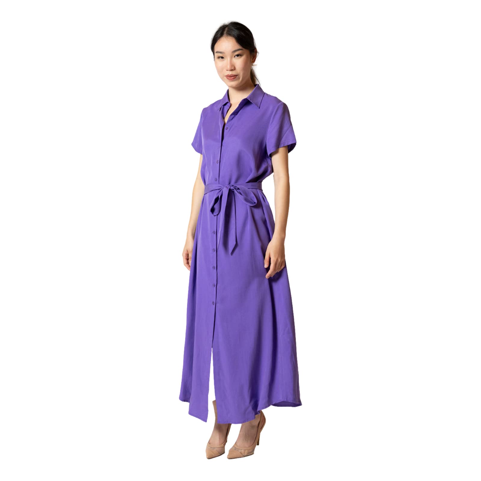 YUNHUI Women's Summer Tencel Shortsleeve Shirtdress Dark Purple