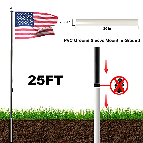 Scwn Flag Poles For Outside House In Ground, 25Ft Sectional Aluminum Extra Thick Heavy Duty Black Flag Pole With 5X3 Usa Flag, White Gloves, Flag Poles Kit For Yard,Outdoor, Commercial Or Residential #TOP4