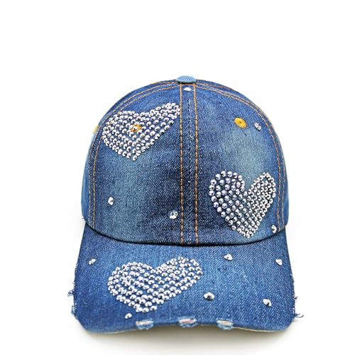 Glamexx24 Gorra vaquera de estilo vintage con estrella y pedrería, Corazón Azul Oscuro, Talla única