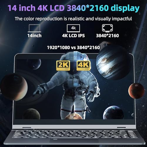 Image of Laptop【 Win 11 Pro】 14 inch 4K （3840 * 2160） All Metal 2 in 1 360 Convertible Laptop with Touchscreen 12th Alder Lake-N95 (up to3.4GHz) DDR5 12GB /512GB SSD Tablet Notebook PC