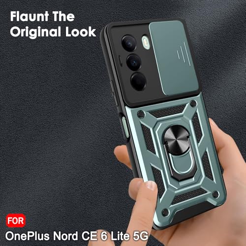 Image of TheGiftKart Tough Armor Bumper Back Cover Case for OnePlus Nord CE 6 Lite 5G | Sliding Camera Cover, KickStand & Ring Holder | 360 Protection Back Cover for OnePlus Nord CE6 Lite 5G (PC & TPU, Green)