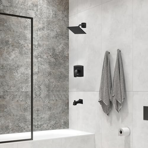 Juego de grifería para bañera y ducha, juego de grifo de ducha negro mate con válvula, cabezal de ducha lluvia cuadrado de 8 pulgadas y salida para bañera, sistema de ducha de latón completo para bañera miniatura 2