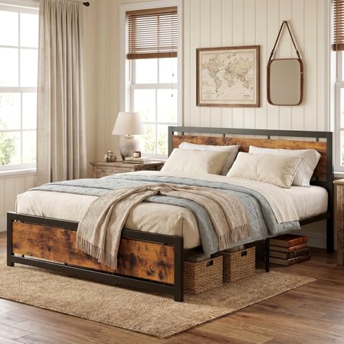 Image of LIKIMIO King Bed Frame with Headboard and Footboard, Metal Strong Supports, Easy Assembly, Noise-Free, No Box Spring Needed, Vintage Brown