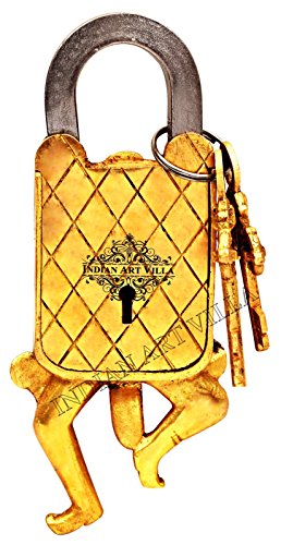 Image of Indian Art Villa Ancient Warrior Design Brass Pad Lock with 2 Keys, Door Lock Security Safety, Height 6 inch Inch, Gold