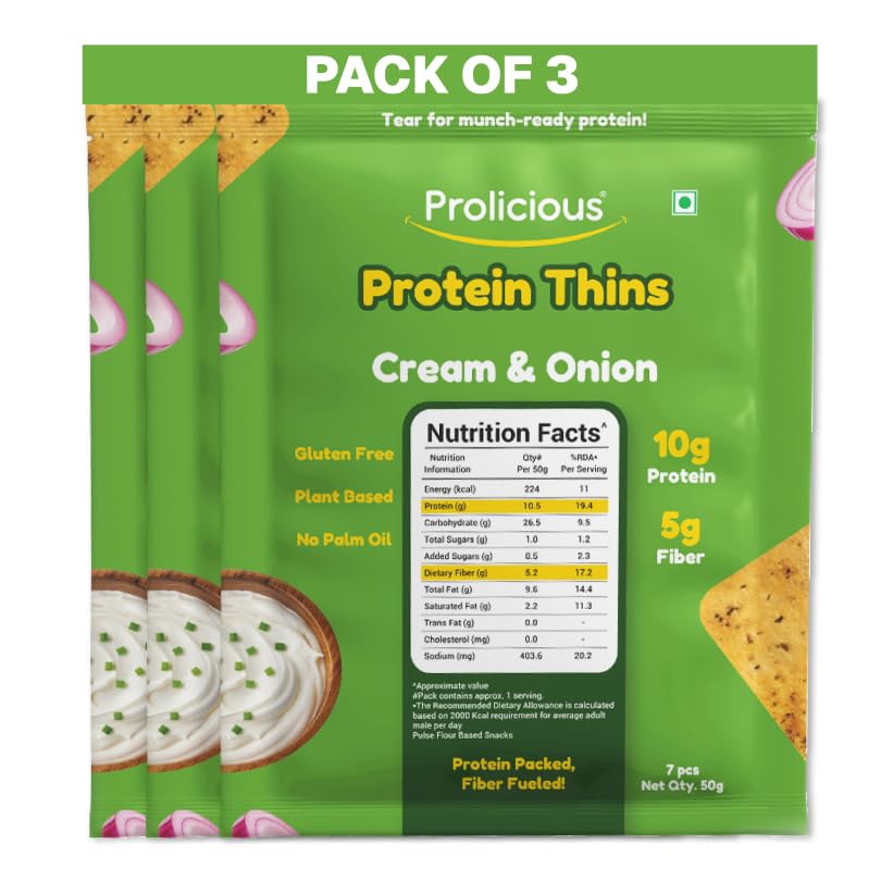 Image of Prolicious Thins Cream & Onion High Protein Chips | Upgrade Your Snacking | 10g Protein + 5g Fibre | Same Crunch, Snack Smarter | Plant Based, Gluten Free | No Palm Oil | 50g, Pack of 3