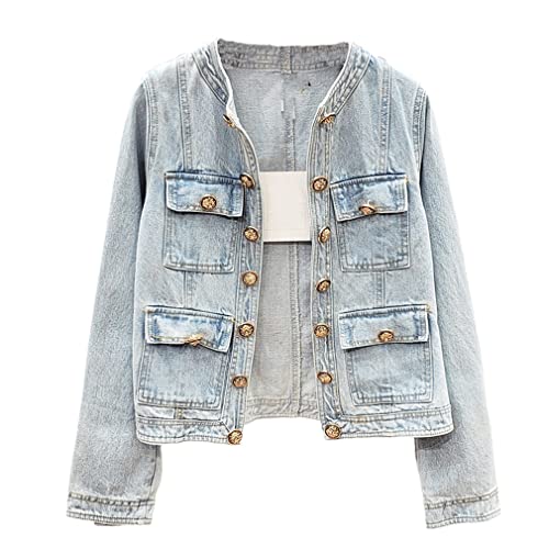 Women Button Denim Jacket Women Slim O-Neck Long Sleeve Jeans Jacket Women Vintage Wash Short Denim Coat