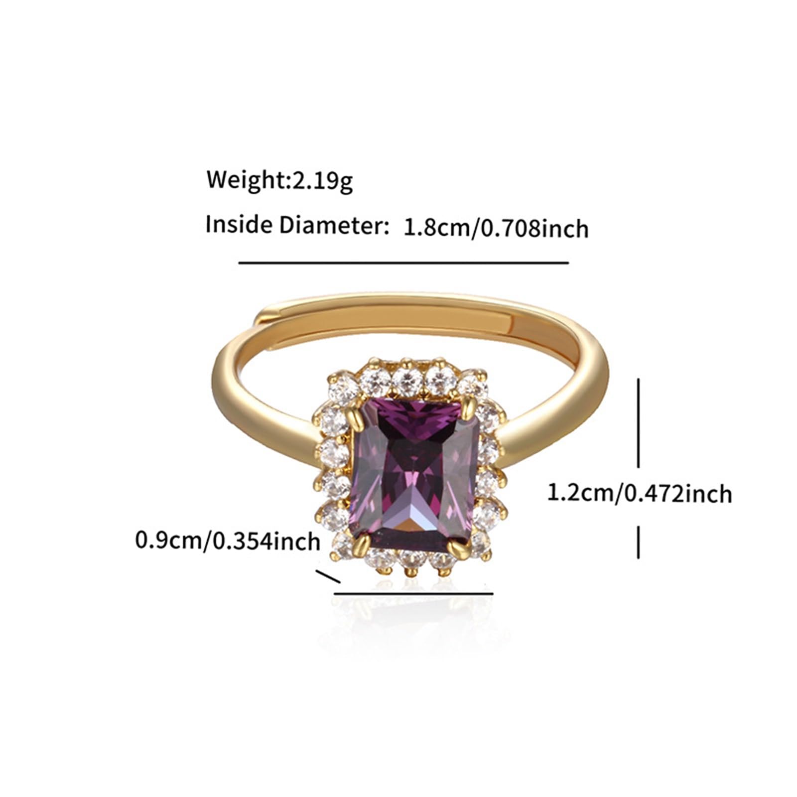 Anello da donna in oro 9 K/14 K/18 K, anello rettangolare con ametista a grappolo in vero oro