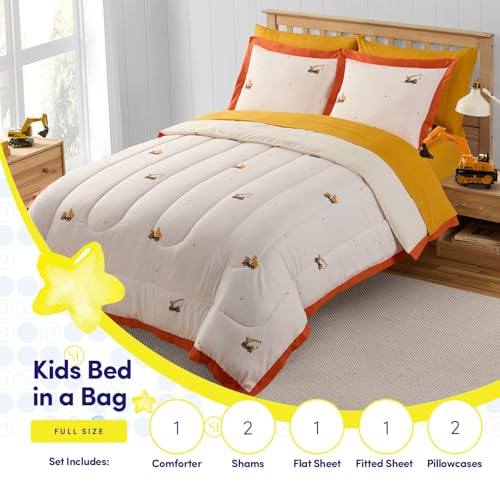 Image of Construction Bedding Set Full Size - Bed in a Bag with Sheets, Pillowcases & Shams - Soft Construction Bedding Comforter Set with Dump Trucks, Cranes & Bulldozers - Fun Kids Construction Bedroom Decor