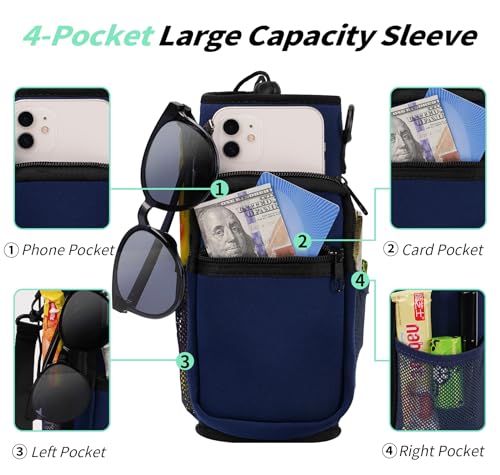 Image of Water Bottle Carrier Bag, 32 oz / 40 oz Water Bottle Sleeve with Paracord Hanlde & Strap, Neoprene Insulated Metal Canteen Pouch Holder with Phone Pocket for Gym, Sport, Fishing-Navy