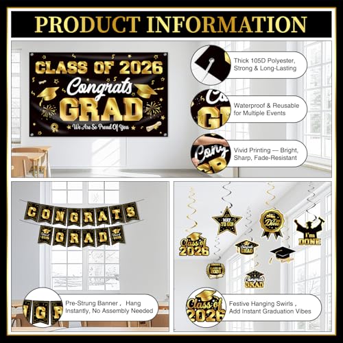 Graduation Decorations 2026 Black & Gold Party Set with Coupon