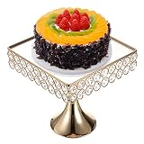 BSTKEY 8 Inch Square Wedding Metal Cake Display Stand with Mirror Top Plate, Gold Cupcake Stand with