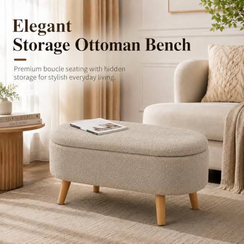 Image of Upholstered Ottoman Storage Bench, Premium Boucle Fabric, Heavy Duty 120 Kg Load Capacity, Multipurpose Seating for Living Room & Bedroom, Stone Beige