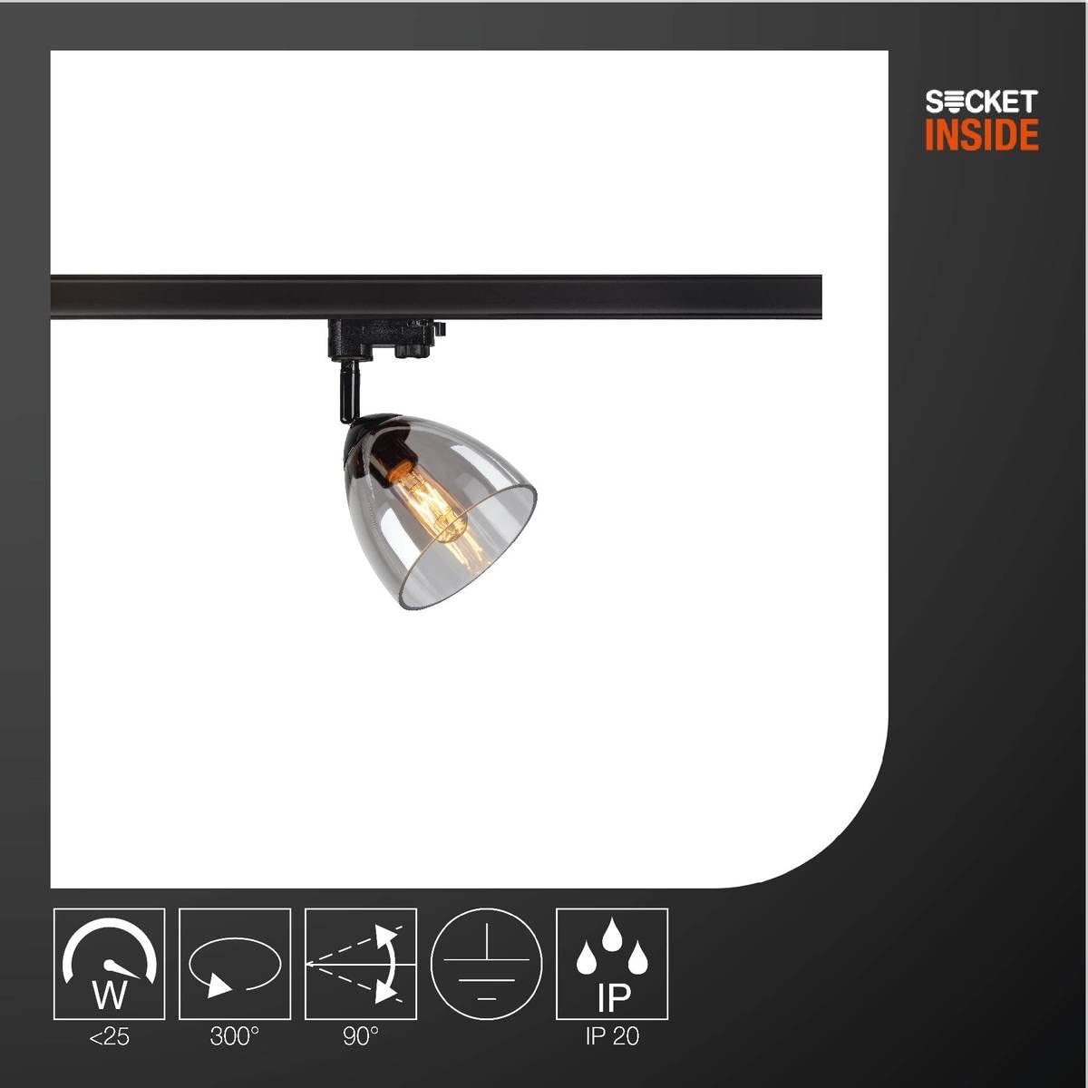 SLV PARA CONE | Lampe système à 3 phases, spot sur rail, spot LED, spot de plafond, plafonnier, système de rail, éclairage intérieur | GU10, max. 25 W noir/verre