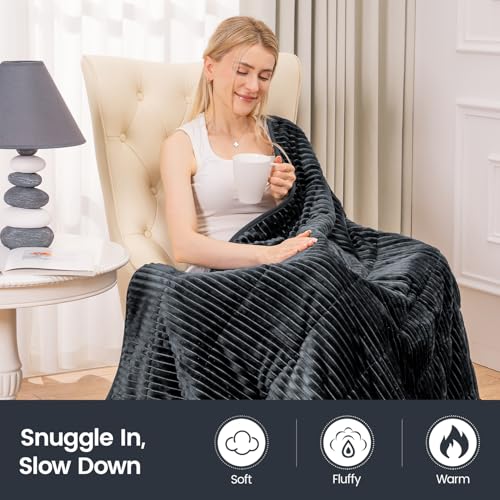 Image of Sherpa Fleece Weighted Blanket with Ribbed Stripes for Adults, 15 lbs Dual Sided Cozy Warm Blanket for Couch Full Size Bed, Glass Beads Heavy Thick Blankets Great for Sleep, Dark Grey, 60 inch x 80 inch